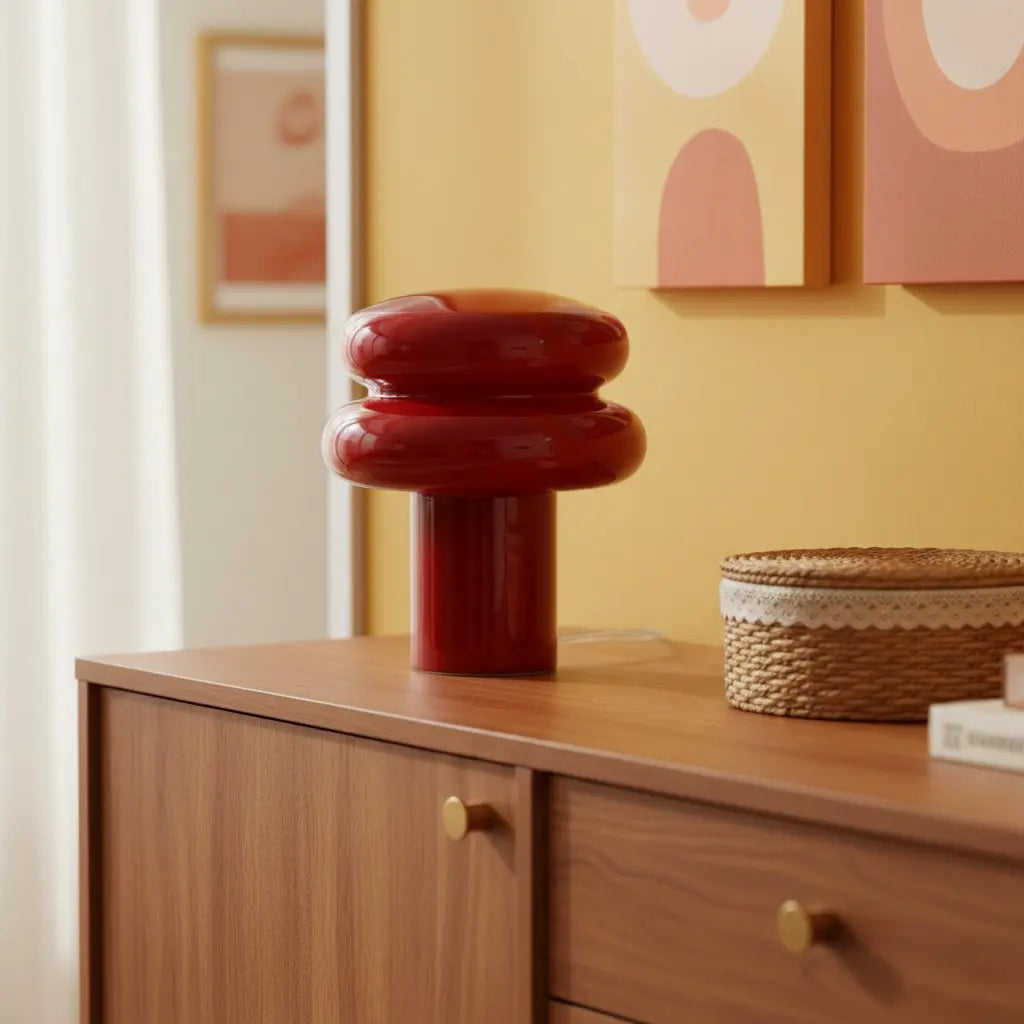 Decorative red vase on a wooden cabinet with abstract wall art in the background