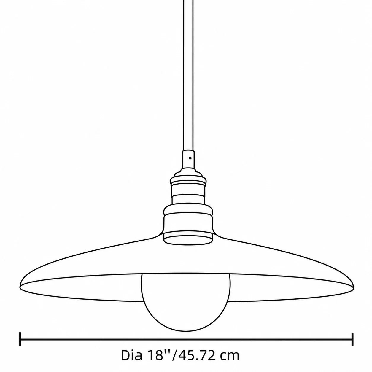 Black line drawing of a hanging pendant light with a dimension label reading “Dia 18” / 45.72 cm” below the shade.