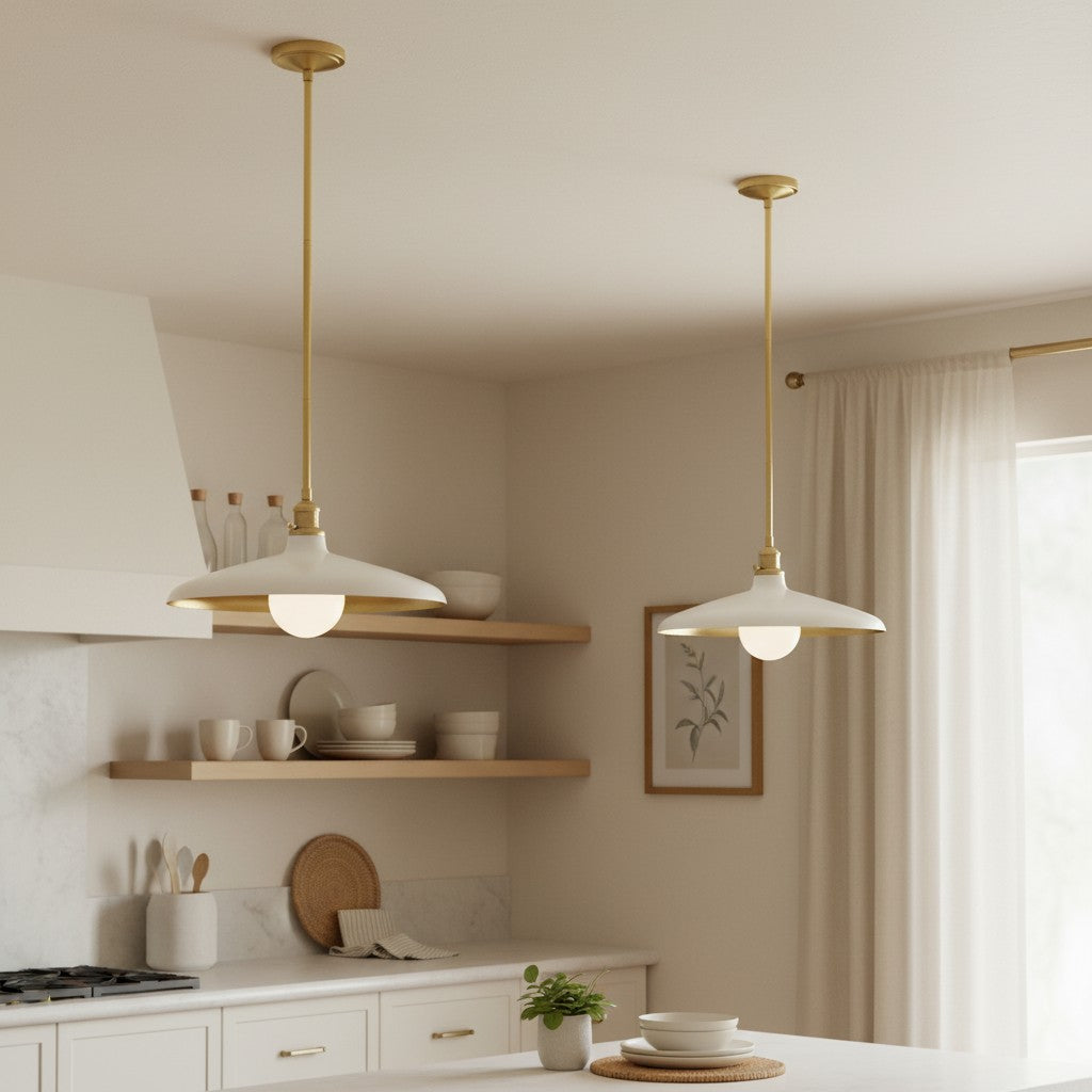 Modern kitchen with pendant lights, shelves, and a window.