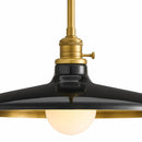 Black pendant light with brass accents on a white background