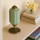 Decorative green and gold lamp on a shelf with books and flowers