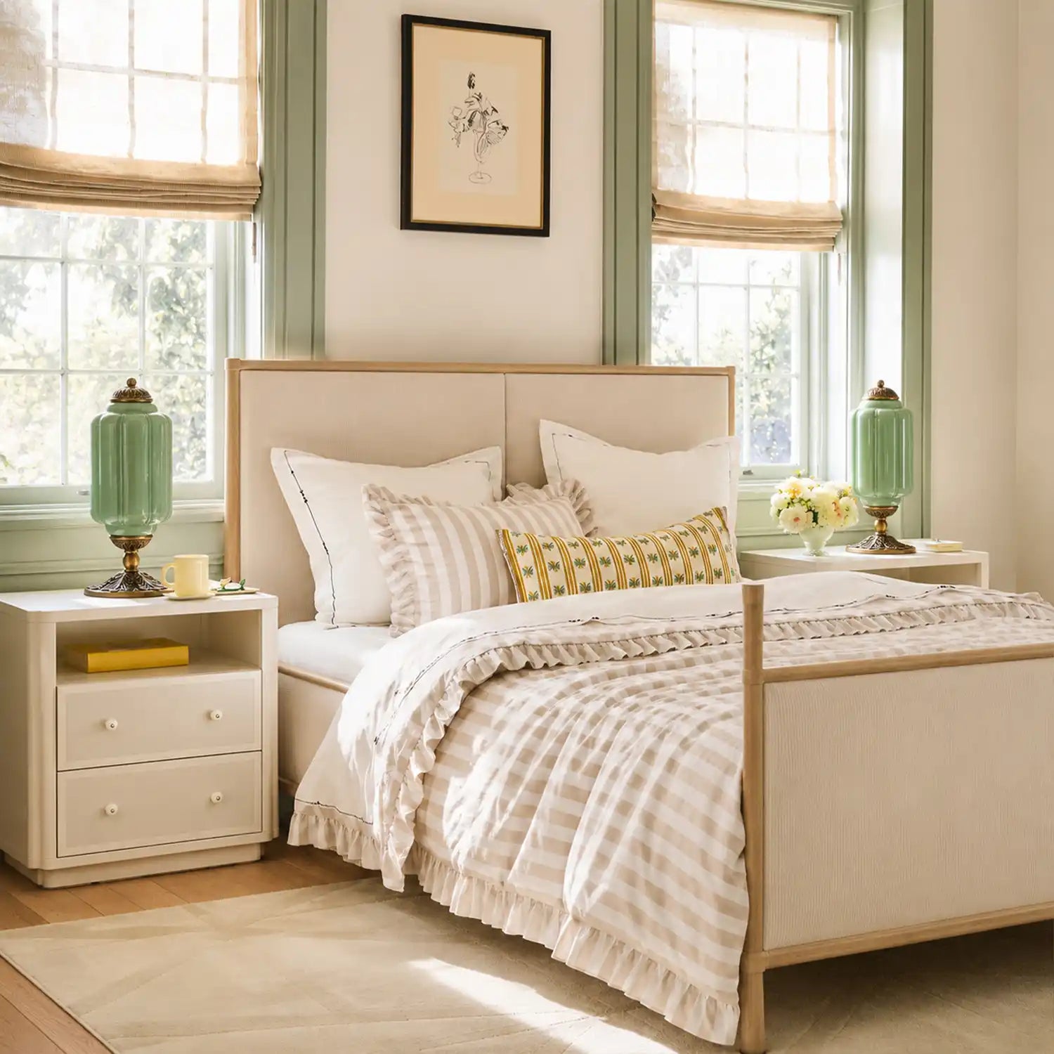 Neatly made bed with decorative pillows in a bright bedroom with two windows.