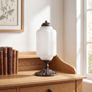 Decorative table lamp on a wooden surface with books and a framed picture in the background.