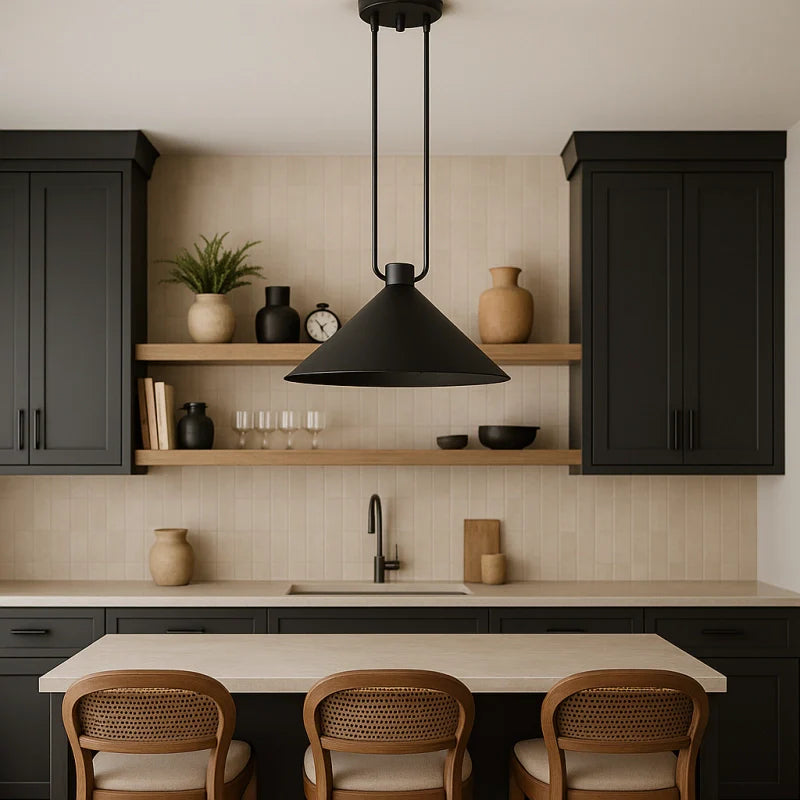 Modern kitchen with black pendant light, wooden shelves, and black cabinets.