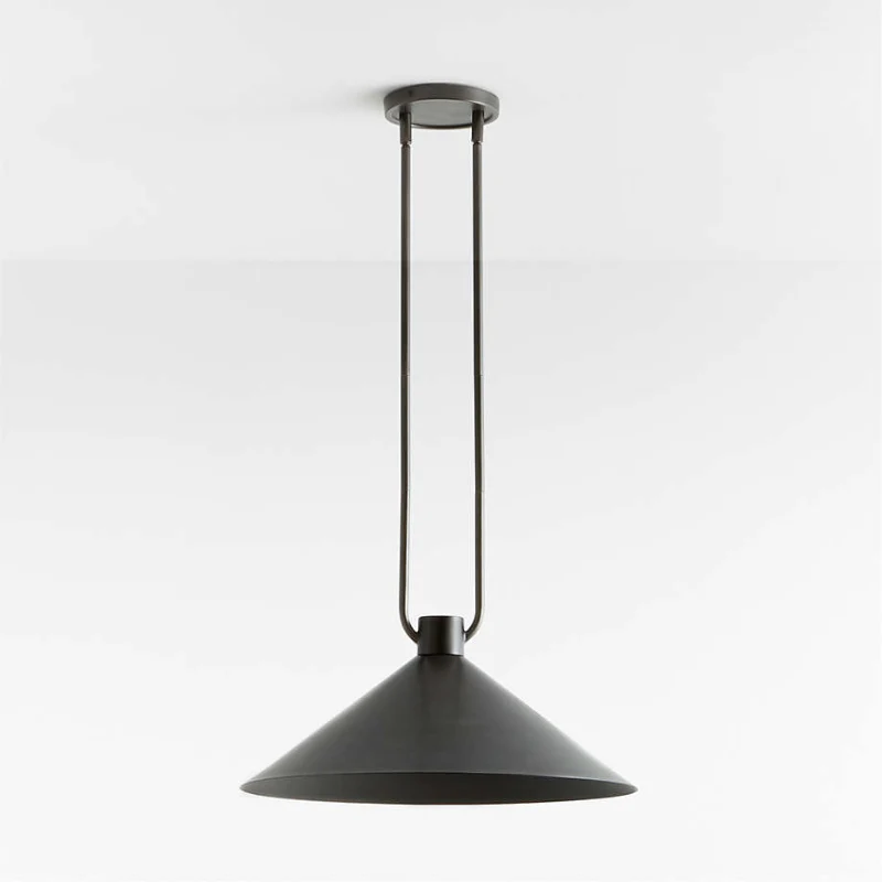 A modern black pendant light with a wide conical shade and a minimalist double-hanging suspension design, shown against a clean white background.