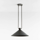 A modern black pendant light with a wide conical shade and a minimalist double-hanging suspension design, shown against a clean white background.