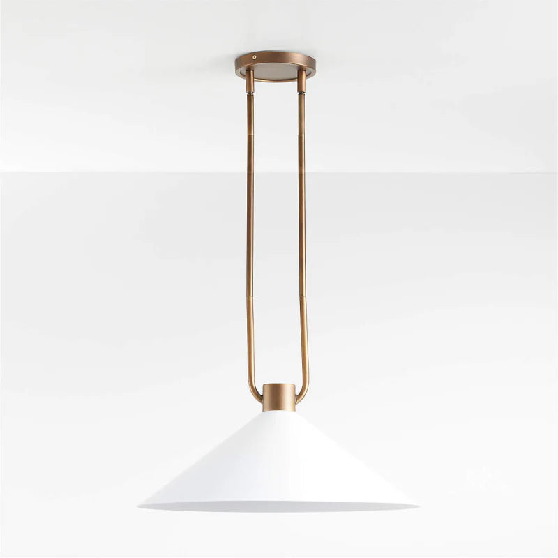 Pendant light with white shade and gold metal fixture on a white background
