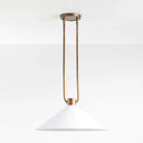 Pendant light with white shade and gold metal fixture on a white background