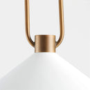 Pendant light with white shade and gold fixture on a light gray background