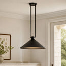 Black pendant light hanging in a room with a neutral color scheme.