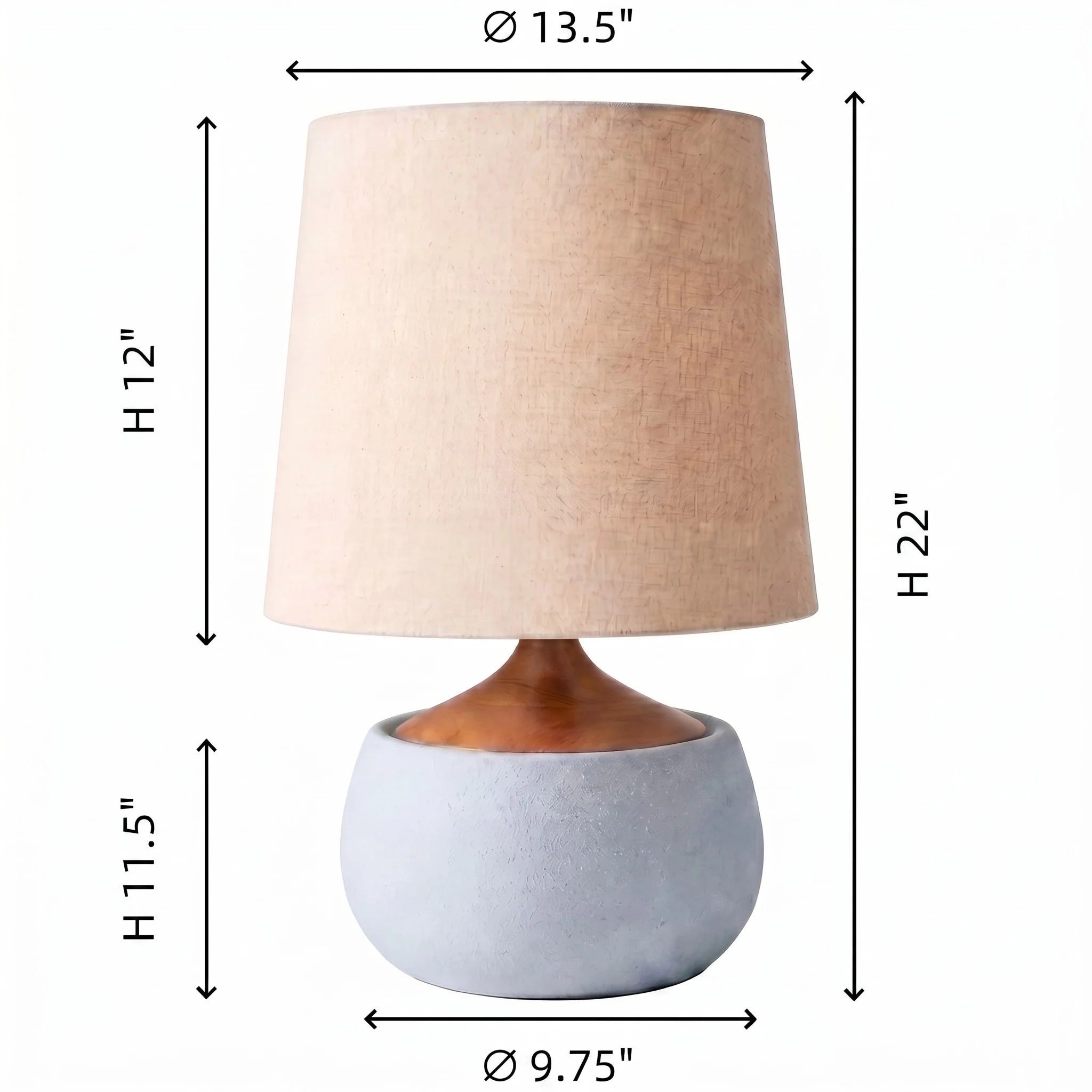 Table lamp with dimensions labeled on a white background