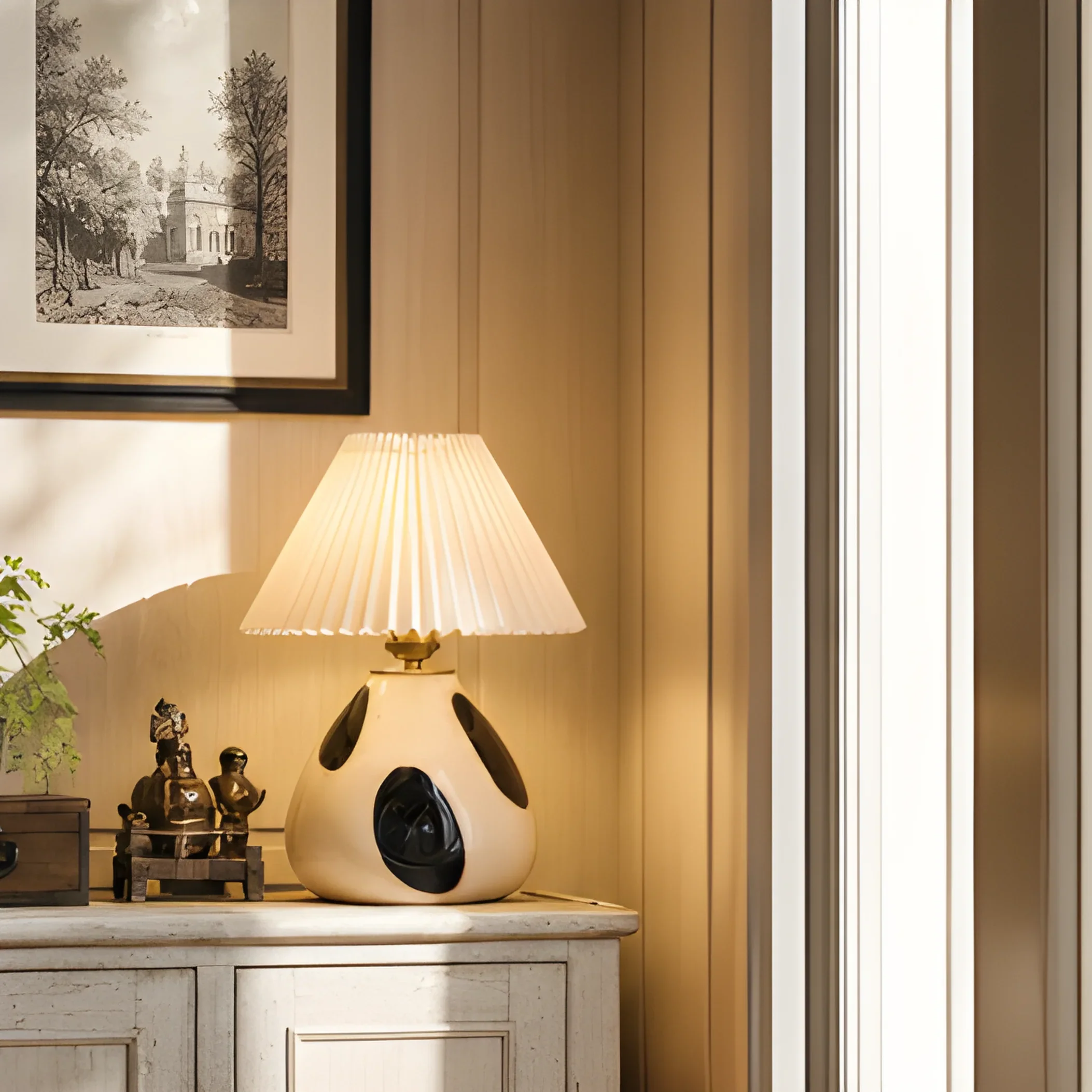Decorative lamp on a cabinet with a framed picture in the background