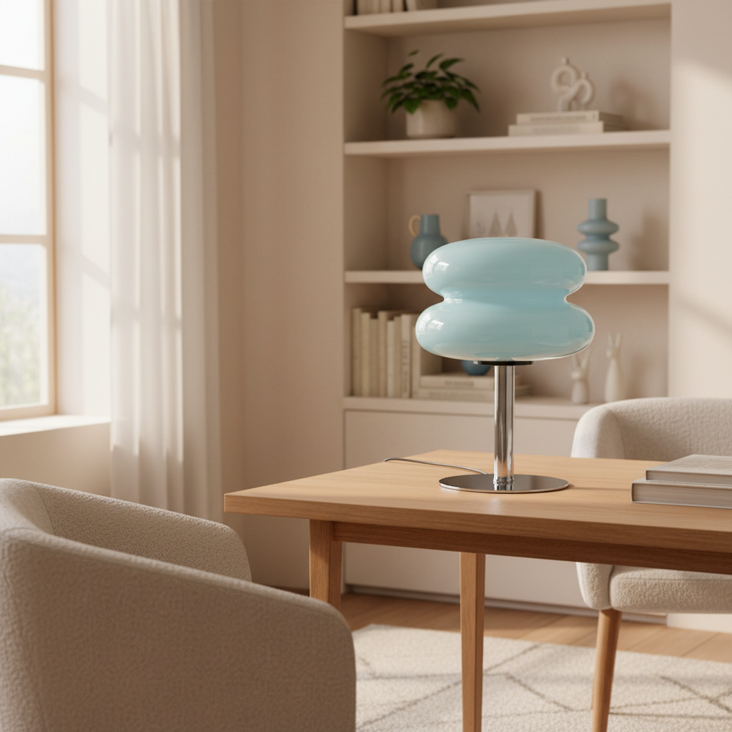 Modern living room with a wooden coffee table and a decorative blue lamp.