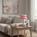 Living room with a beige sofa, wooden coffee table, and pink lamp.