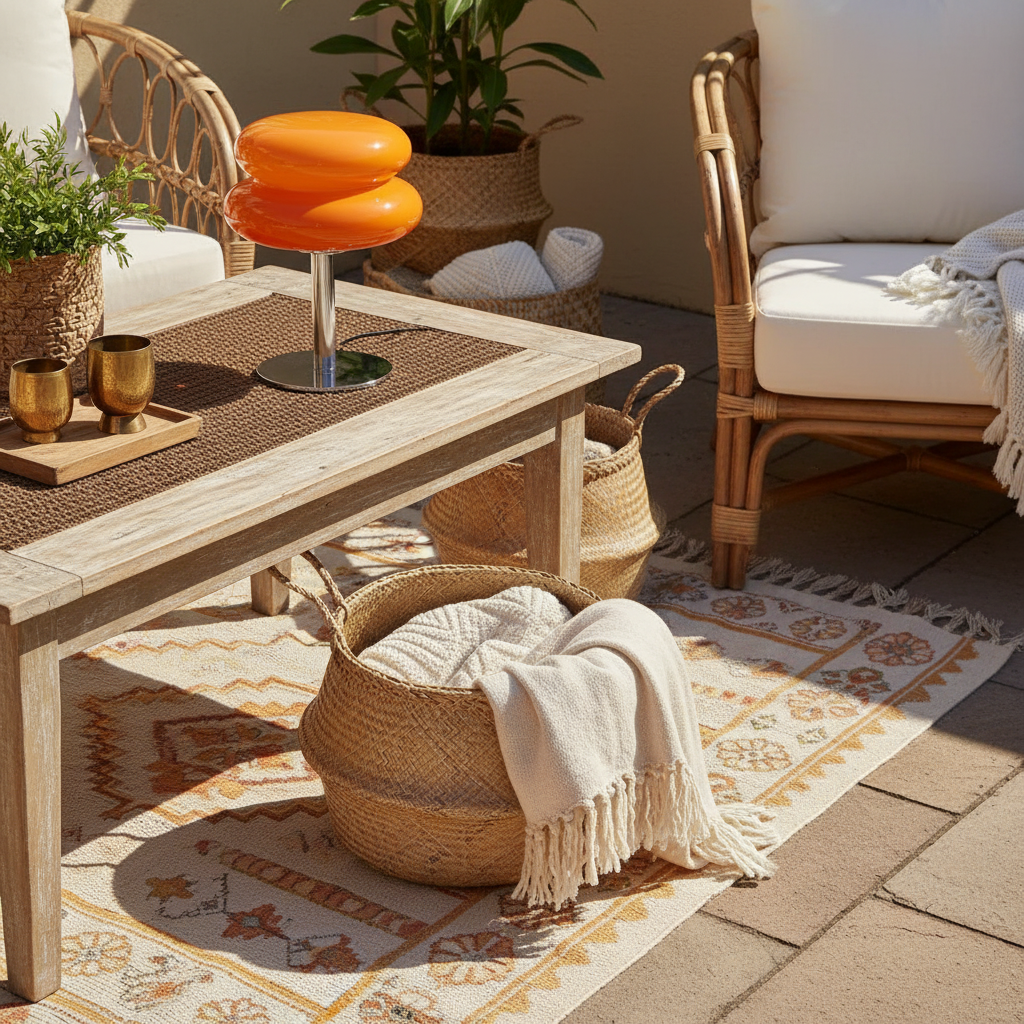 Outdoor patio with wooden table, wicker chairs, and decorative elements.