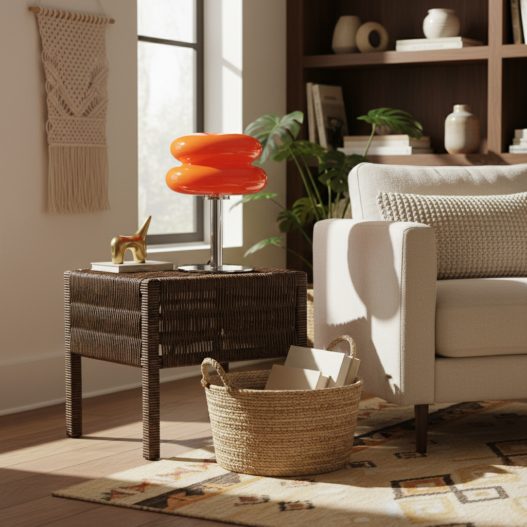Living room with a beige sofa, wicker side table, and orange lamp.