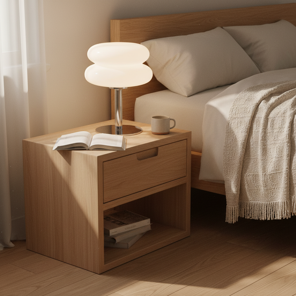 Wooden nightstand with lamp, book, and mug next to a bed in a bedroom.