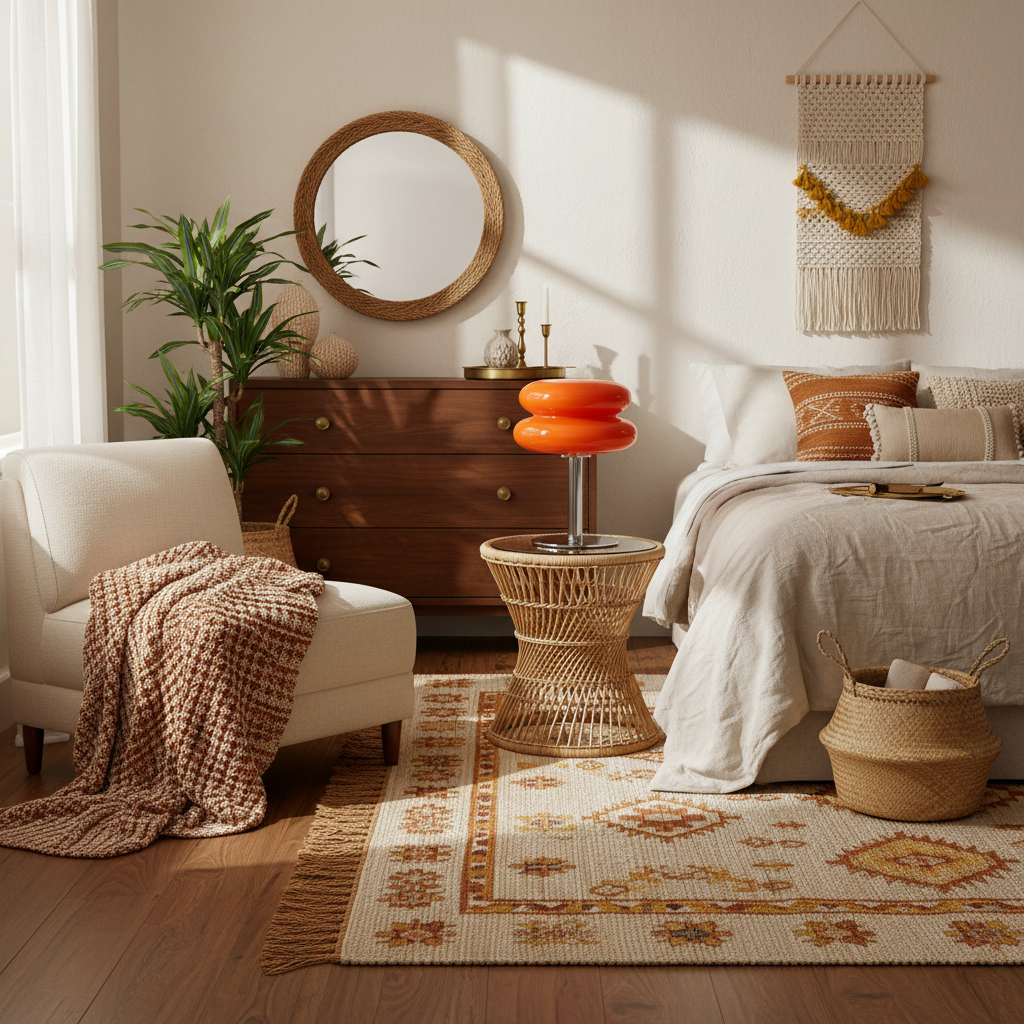 Cozy bedroom with wooden dresser, white chair, and bed with pillows.