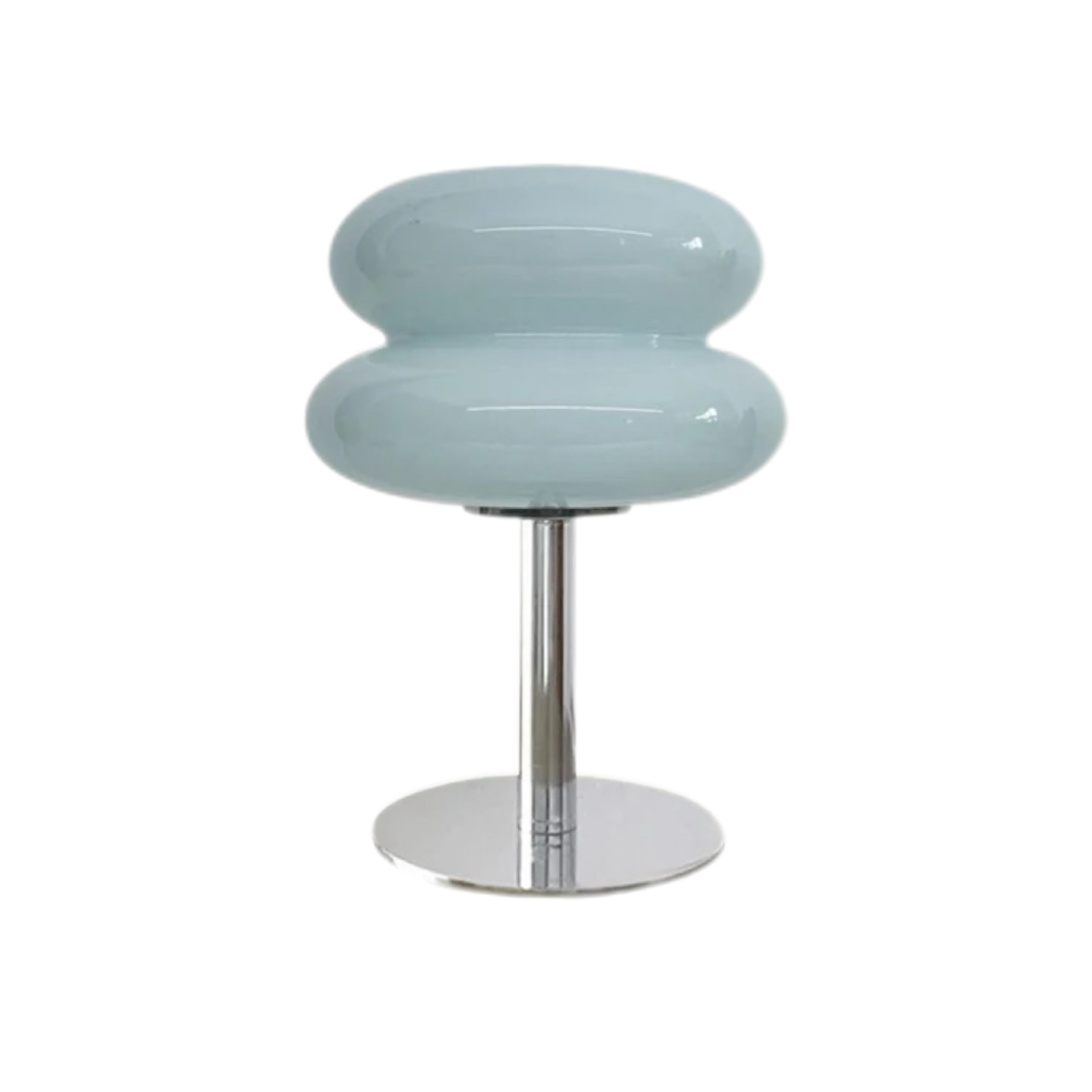 Modern stool with a light blue, bubble-like top and metallic base on a white background