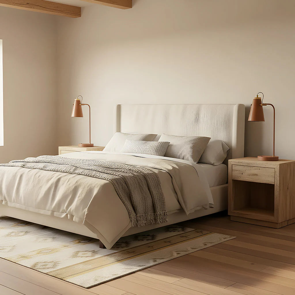 Modern bedroom with a bed, nightstands, and lamps in a warm color scheme.