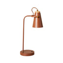 Brown table lamp with a curved arm on a white background