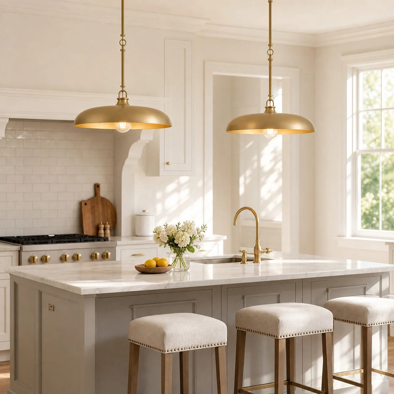 A bright, modern kitchen with two gold pendant lights hanging over a white marble island. The kitchen features white cabinets, a white subway tile backsplash, a gold faucet, and three upholstered bar stools with gold nailhead trim.