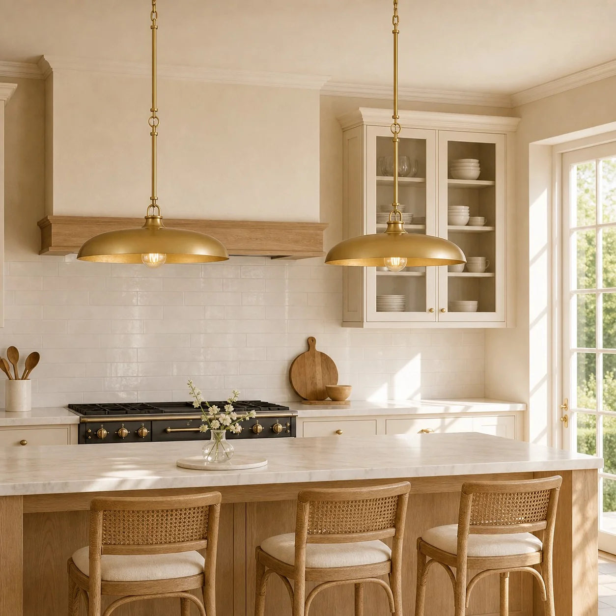 A bright, modern kitchen with two hanging brass pendant lights over a marble island, white subway tile backsplash, wood cabinetry, and three woven-back bar stools.