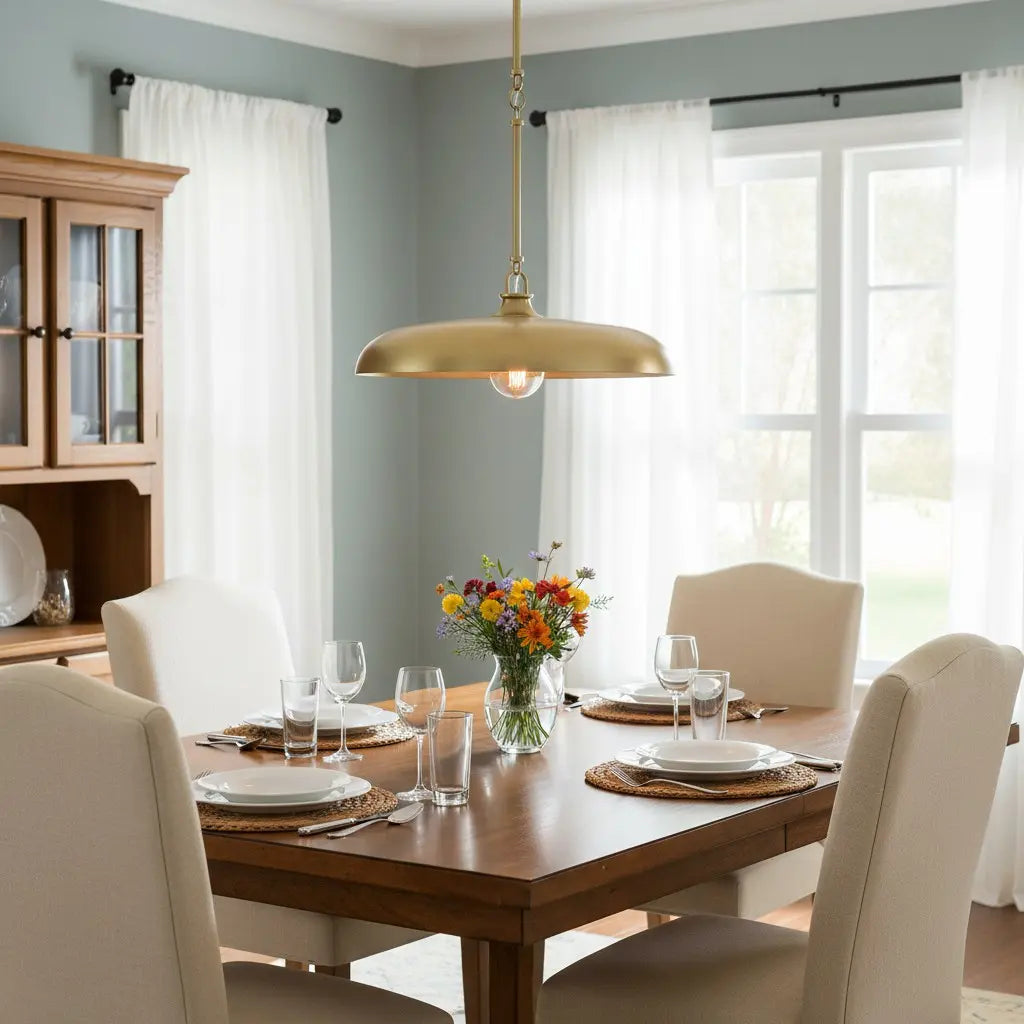 Dining room with a wooden table set for dinner, gold pendant light, and flowers in a vase.