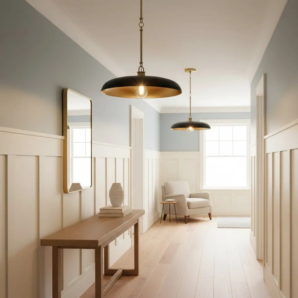 Modern interior design of a hallway with a wooden console table, mirror, and armchair.