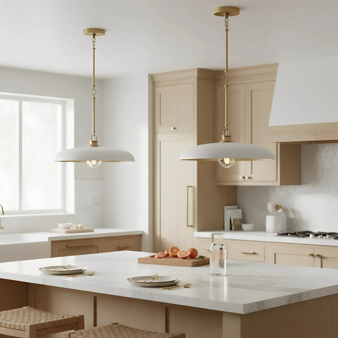 Modern kitchen with marble island, pendant lights, and neutral tones.