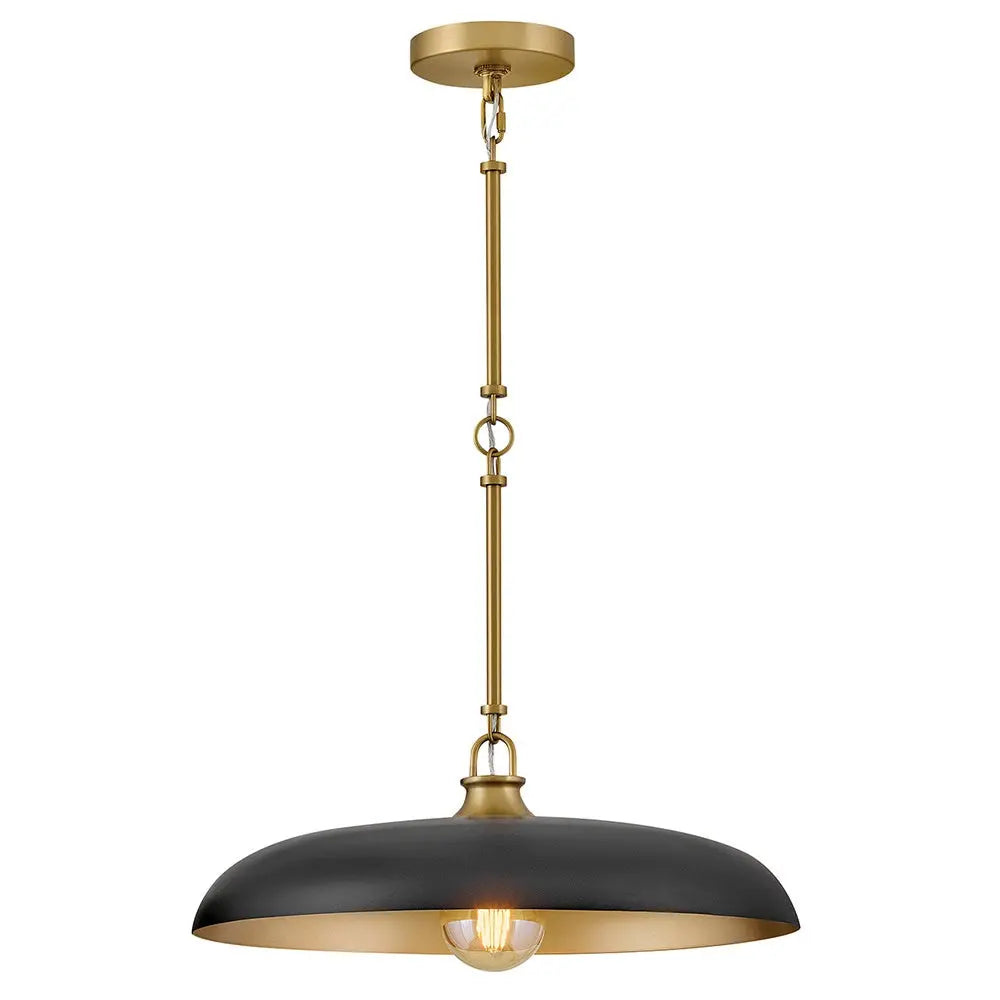 Pendant light with black shade and gold accents on a white background