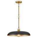 Pendant light with black shade and gold accents on a white background
