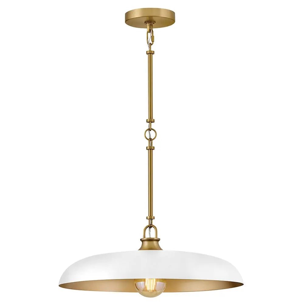 Pendant light with white shade and gold accents on a white background