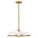 Pendant light with white shade and gold accents on a white background