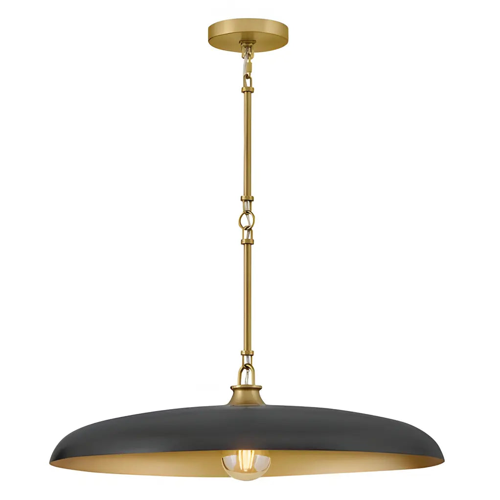 Pendant light with black shade and gold accents on a white background