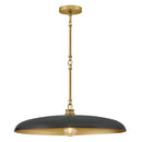 Pendant light with black shade and gold accents on a white background