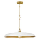 Brass pendant light with white shade on a white background