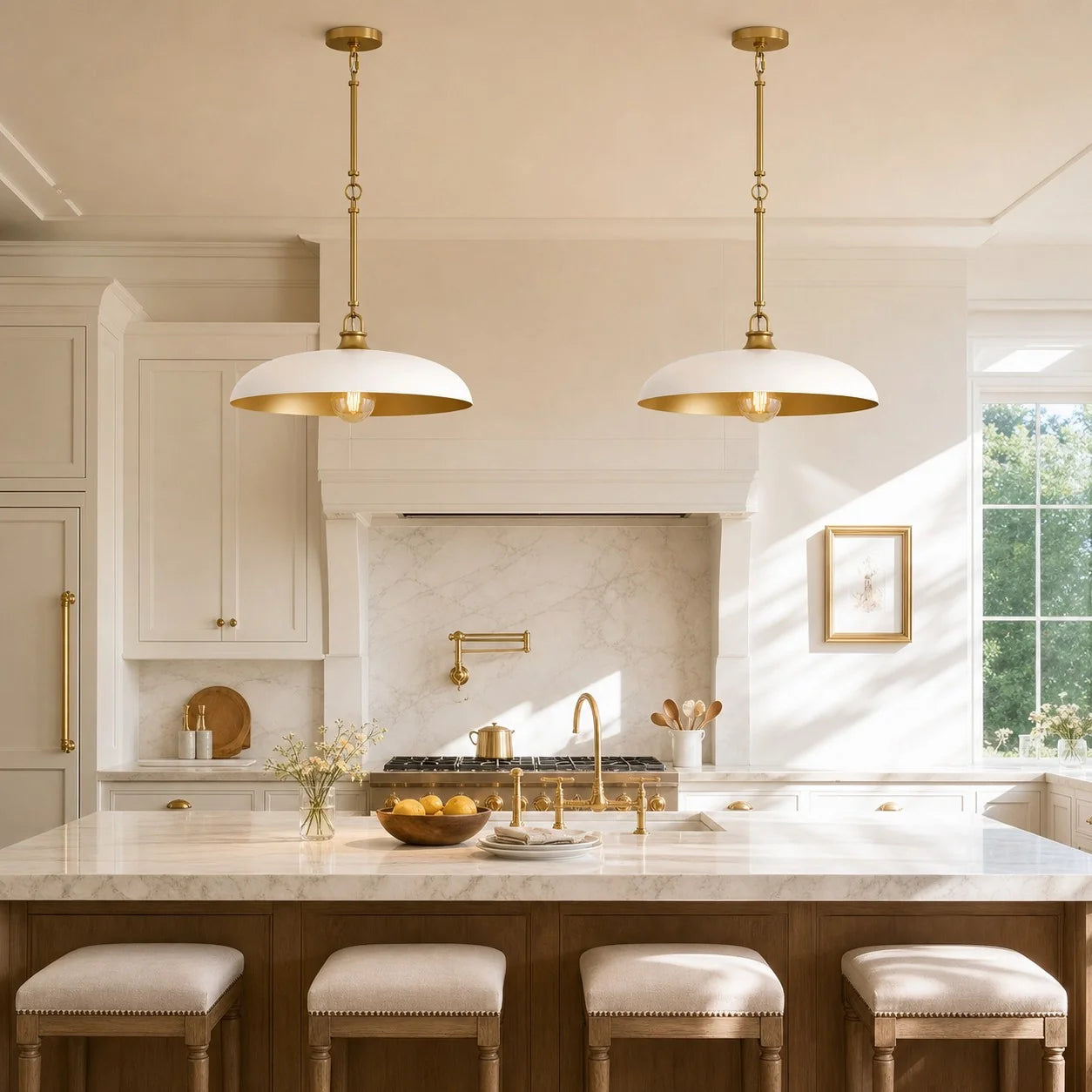 Two modern pendant lights with white dome-shaped shades and brushed gold hardware hang over a white marble kitchen island in a bright, elegant kitchen with white cabinets and gold fixtures.