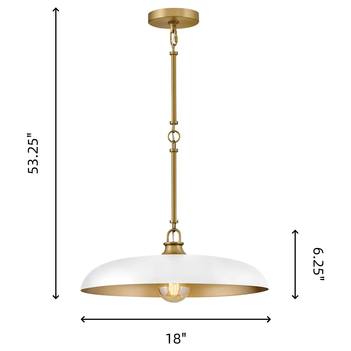 Pendant light with dimensions on a white background