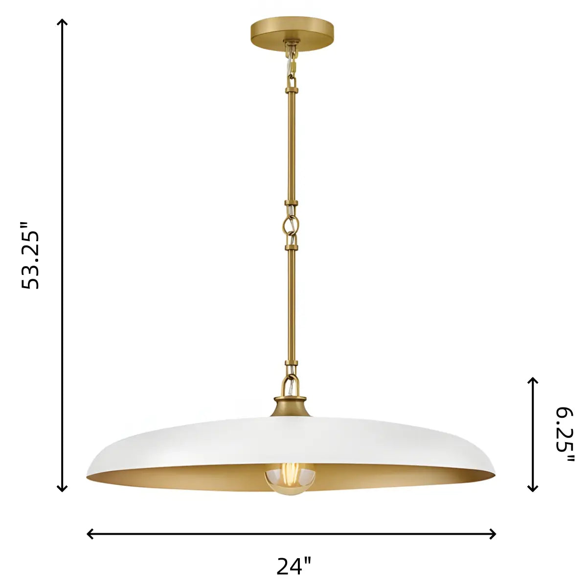 Pendant light with dimensions on a white background