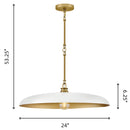 Pendant light with dimensions on a white background