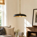 A modern pendant light with a matte black dome-shaped shade and a brass-toned rod and ring hardware, hanging in a bright, sunlit living room above a sofa.