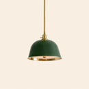 A dome-shaped pendant light with a dark green metal shade and a brass suspension rod and trim, shown against a solid light beige background.