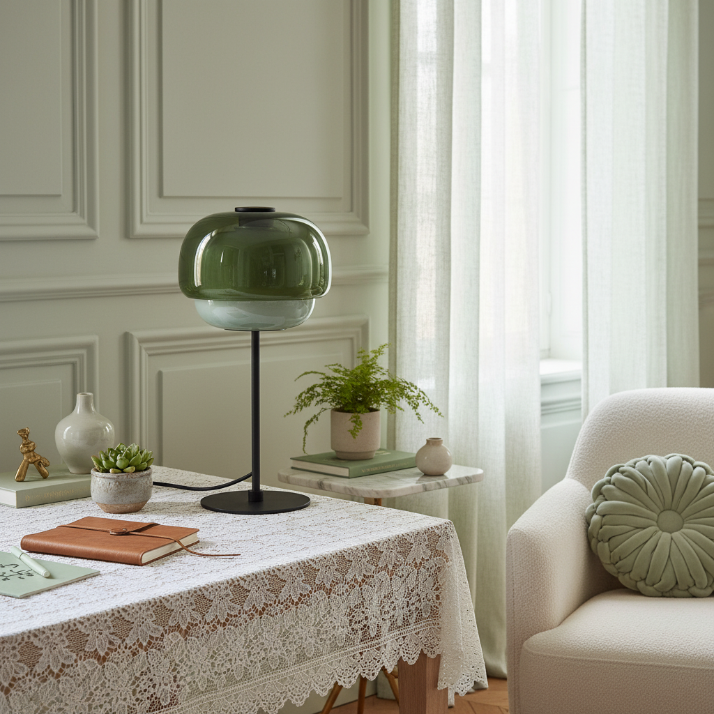 Green table lamp on a lace tablecloth with a plant and books in a room with white curtains.