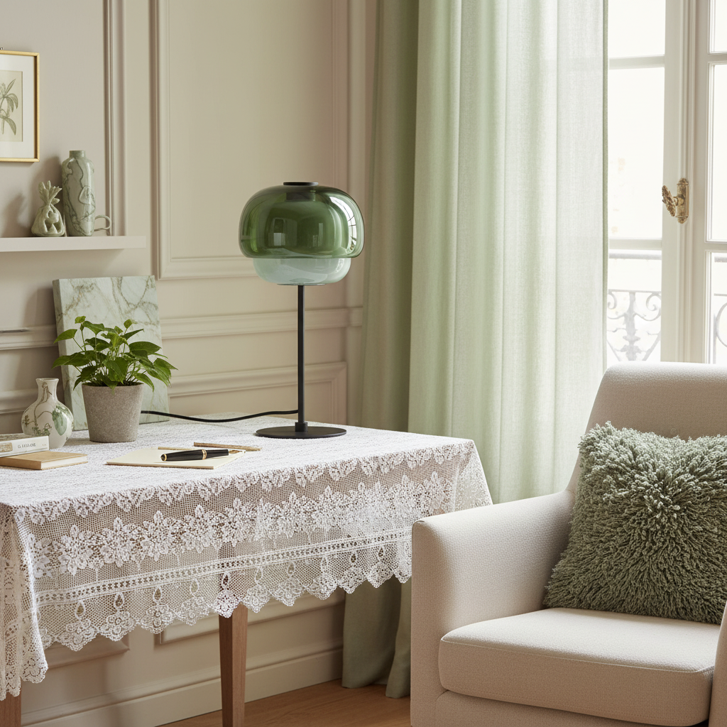 Living room with a table covered by a lace tablecloth, a lamp, and a sofa with a pillow.