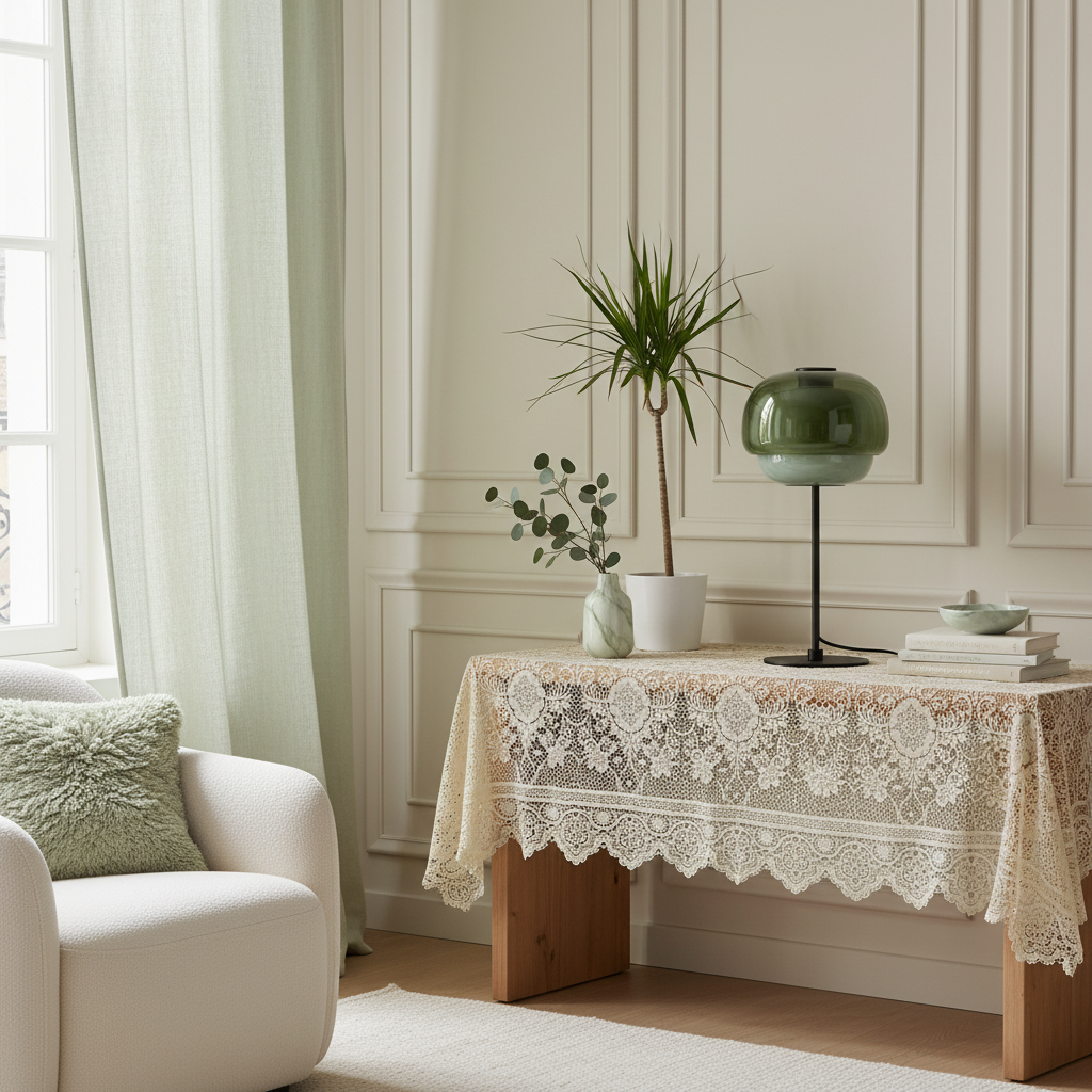 Living room with a table covered by a lace tablecloth, plant, and books.