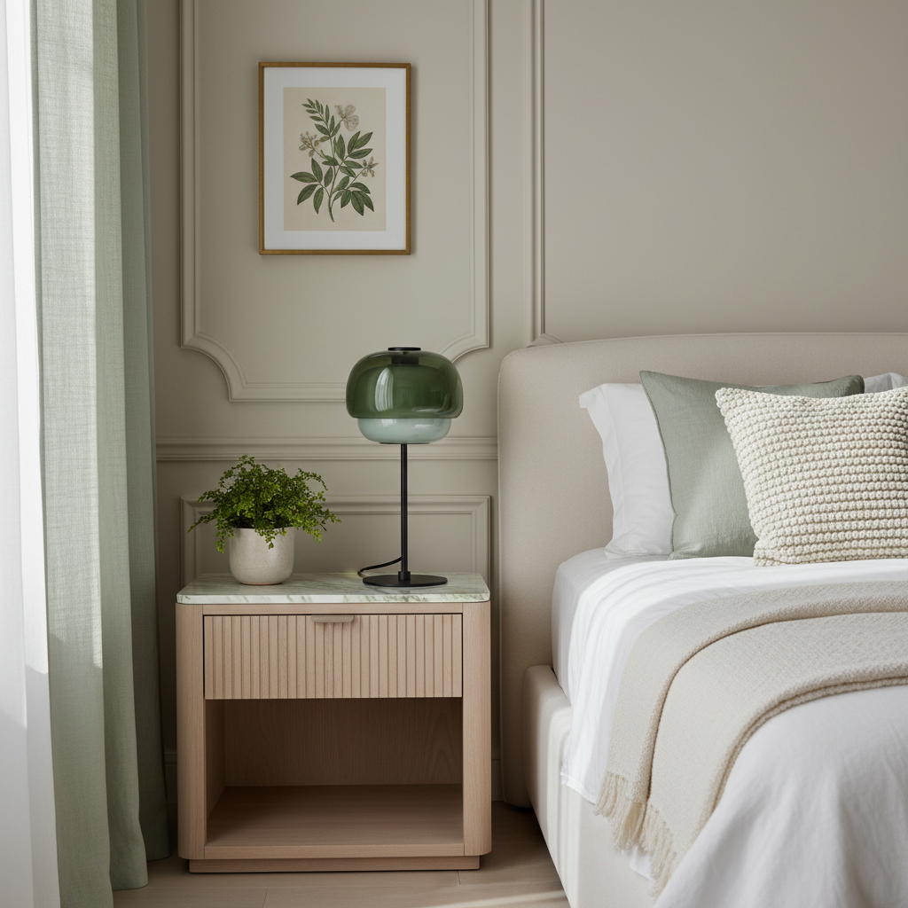 Neatly arranged bedroom with a bed, nightstand, and decorative elements.