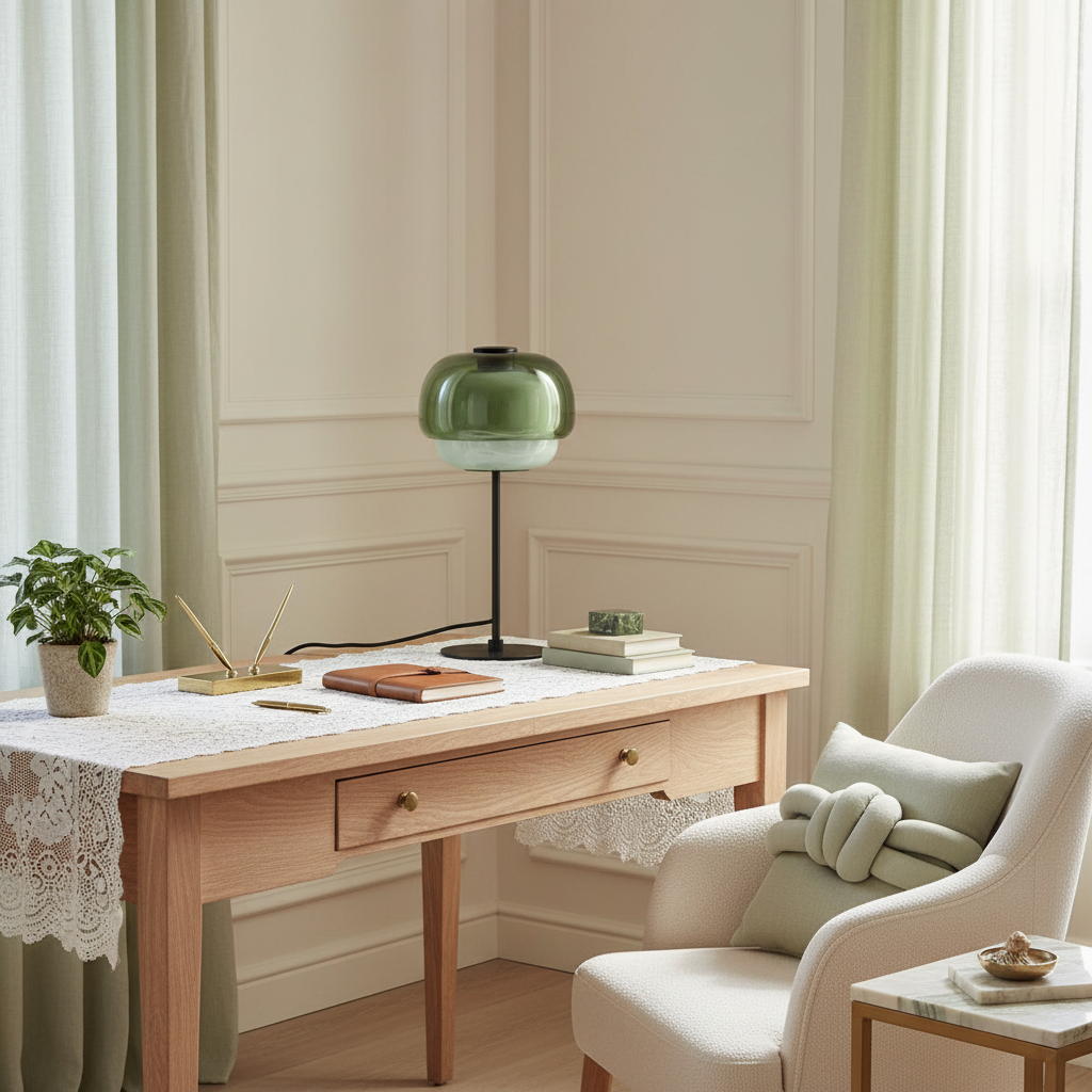 Wooden desk with a lamp, books, and a plant in a room with a white chair and curtains.