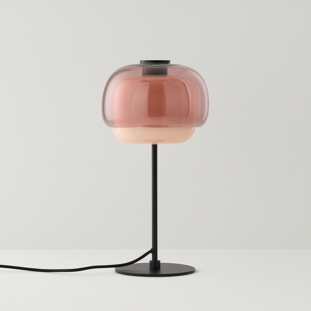 Table lamp with a pink glass shade and black base on a light gray background