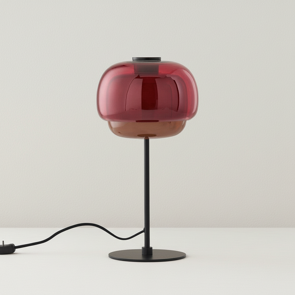 Table lamp with a red glass shade and black base on a white surface.